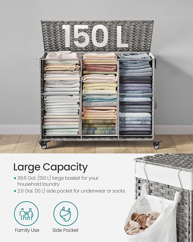 SONGMICS Laundry Hamper with Lid, 42.3 Gallons (160 L), Rolling Laundry Basket with Wheels, 3-Section Synthetic Rattan, Removable Liner, Bedroom, 29.9 x 13 x 26 Inches, Gray ULCB365G01 - Image 7