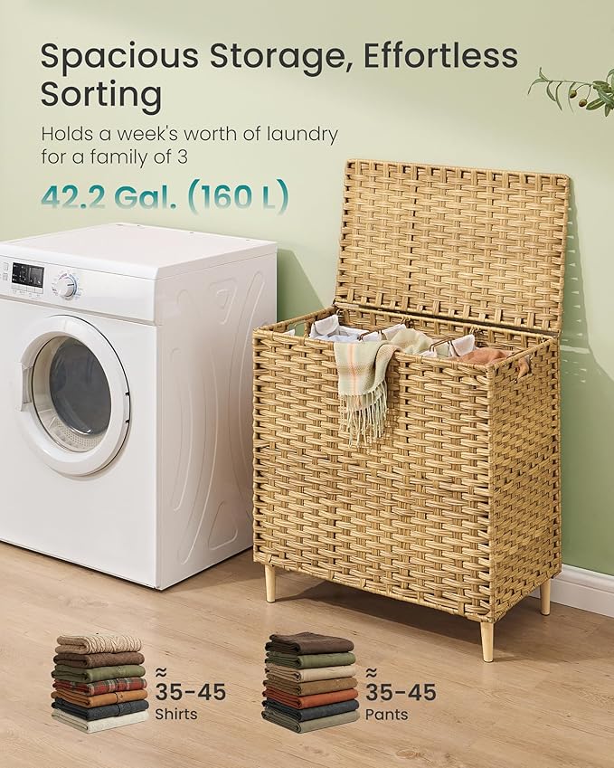 SONGMICS 3-Section Laundry Hamper with Lid, 42.2 Gal (160L) PE Rattan Laundry Basket with Removable Washable Liners, for Bedroom & Living Room, Goose Yellow ULCB223YE01 - Image 3
