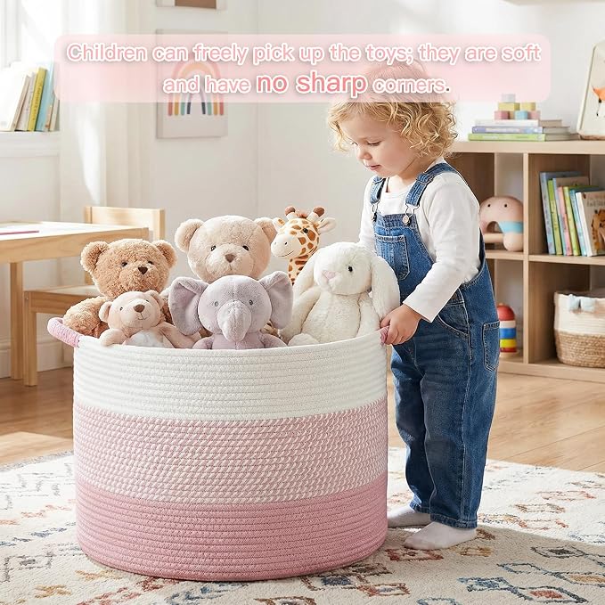 Artfeel 40L Large Cotton Rope Basket, Decorative Woven Blanket Storage for Living Room, Boho Toy Storage & Toy Box for Kids, Versatile Laundry Basket & Nursery Hamper for Blankets(Pink) - Image 2