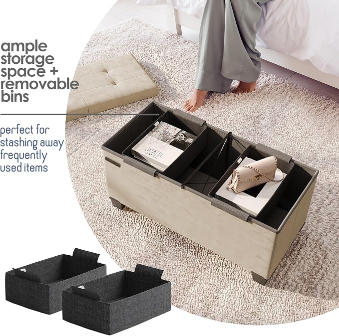 Storage Ottoman Bench with Bins, 30-in Storage Bench for Bedroom End of Bed, Folding Foot Rest Ottoman for Living Room Max 660lbs, Velvet Ottomans, Beige - Image 3