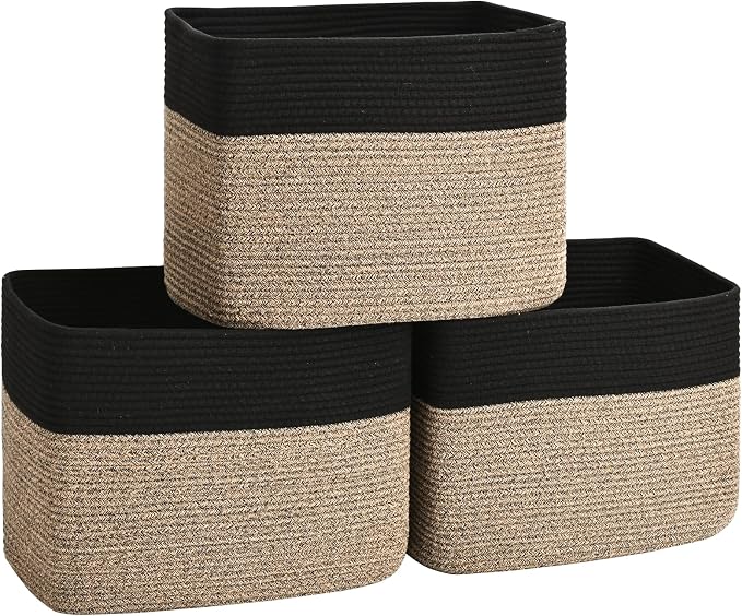 3 Pack Cube Storage Bin, 17”x12”x12” Cotton Rope Woven Baskets for Organizing Toys Clothes Towels, Square Gift Storage Baskets for Shelves, Nursery, Closet, Bathroom, Pantry (Black & Brown) by Degeyoyo