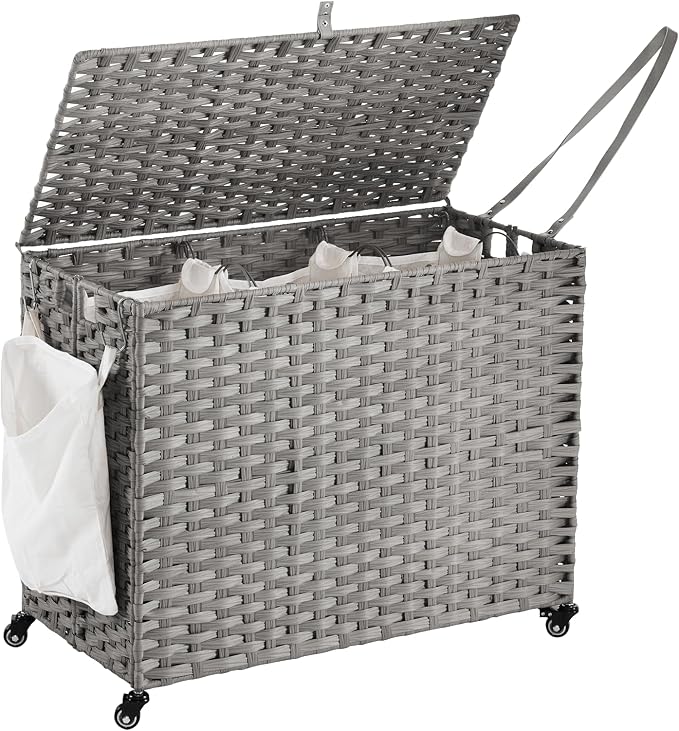 Laundry Hamper with Wheels, 52.8 Gallon(200L) Rolling Laundry Basket with Lid, 3-Section Rattan Clothes Hamper with 3 Removable Liner & 3 Mesh Bags, Laundry Sorter with Side Pocket, Grey by Hiagnete