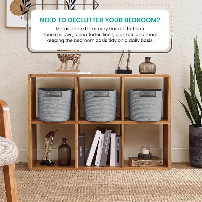 3 Pack Woven Cotton Rope Storage Basket, 15x10x9, Gray | Faux Leather Handles; Decorative Closet Shelf Organizer; Ideal for Storage & Organization - Image 2