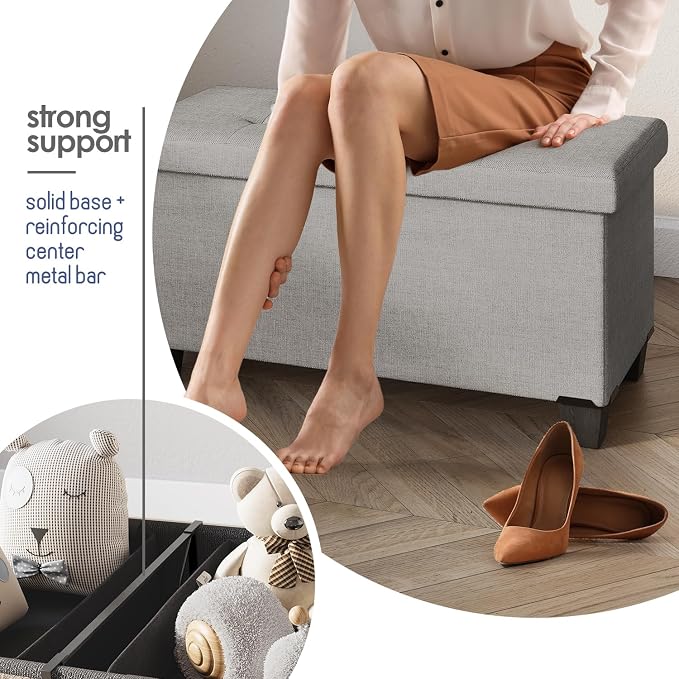 Storage Ottoman Bench with Bins, 30-in Storage Bench for Bedroom End of Bed, Folding Foot Rest Ottoman for Living Room Max 660lbs, Fabric Ottomans, Light Grey - Image 5