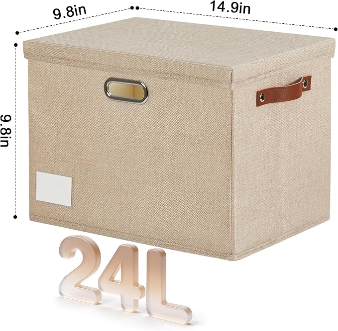 15" Fabric Storage Box with Lids, 3-Pack, Khaki | Stackable, Foldable, 2 PU Handles and 2 Metal Handles, Decorative Fabric, For Home, Bedroom, Closet, Office, Nursery - Image 2