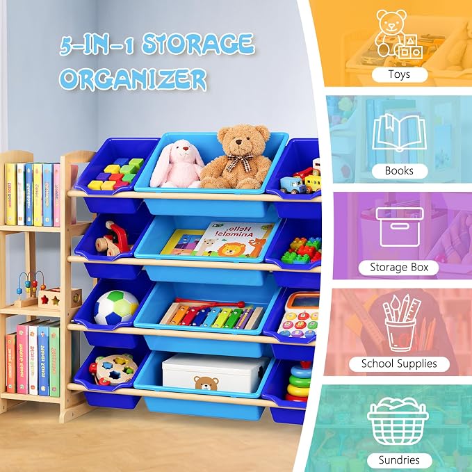 Kids Toy Storage Organizer with Bookshelf – Wooden Shelf with 12 Bins & 3 Shelves, Quick Assembly Storage Rack for Playroom, Bedroom, Nursery– Blue - Image 6