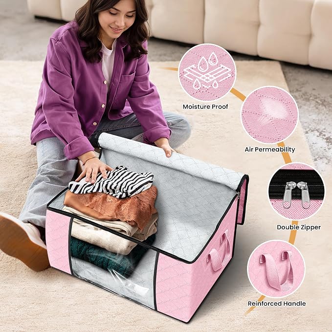 4 Pack Storage Bags for Clothes Blanket Storage Bins with Lids | Foldable Closet Organizers with Zippers,Window and Handles,Fabric Storage Bins for Sweater,Comforter,Bedding,Dorm essentials - Image 4