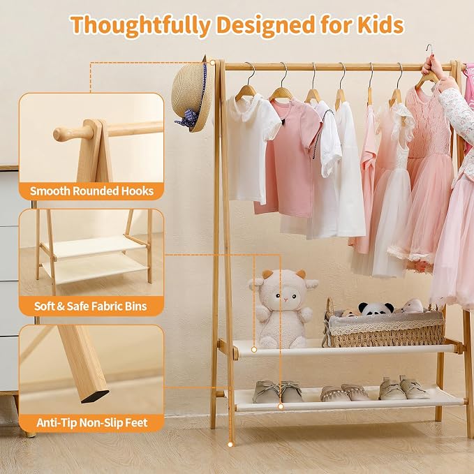 Foldable Kids Clothing Rack - Dress Up Storage with 2 Fabric Shelves, Bamboo Small Clothes Rack for Hanging Organizer, Kids Costume Wardrobe & Dress Up Rack for Bedroom, Playroom, Nursery (Natural) - Image 4