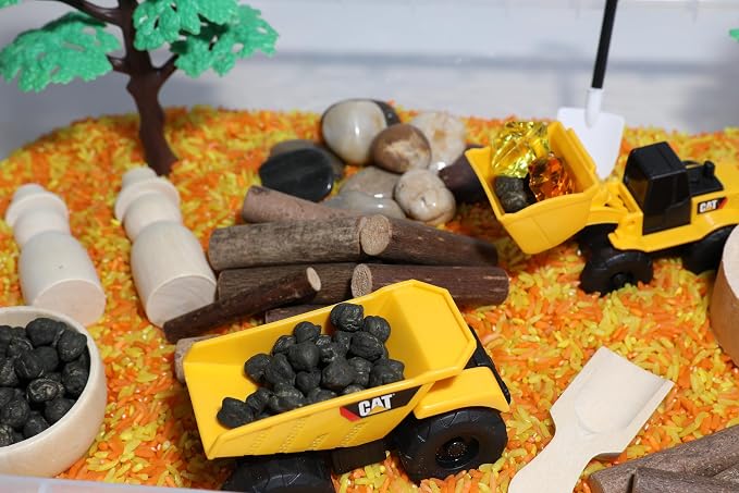 Construction Sensory Bin Kit for Kids | Taste-Safe Rice, Realistic Rocks & Logs, Wooden Tools & Vehicles – Includes Storage Bin – Montessori-Inspired Sensory Play - Image 6