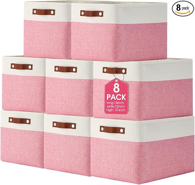 Uiifan 8 Pack 16 x 12 x 10 Inch Large Storage Baskets Collapsible Fabric Storage Cubes Bins with Handles for Shelves Closets Nursery Home Clothes Toys Organizers, Pink by Uiifan