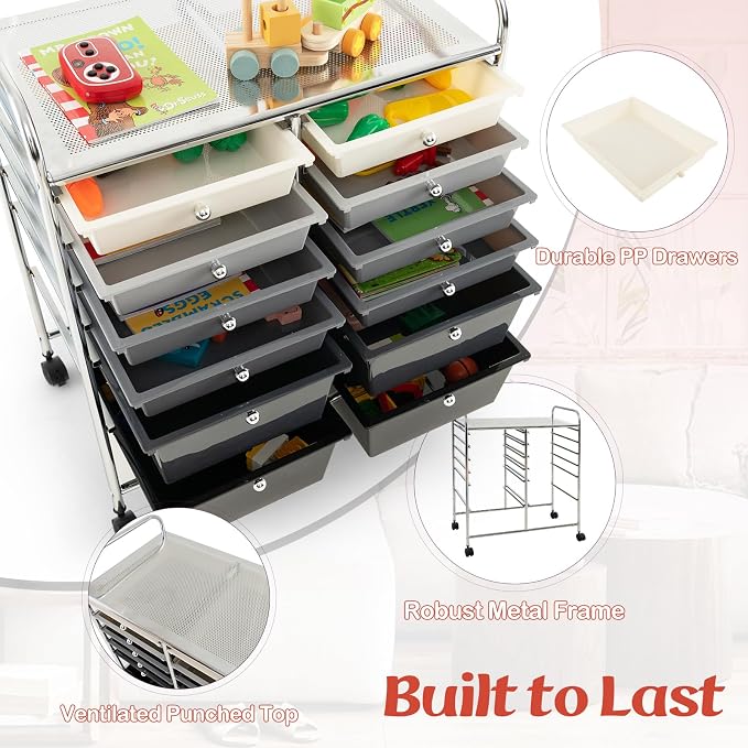 12 Drawer Rolling Storage Cart, Craft Cart Organizer on Wheels w/Metal Frame, Large Capacity & Smooth Drawer, Rolling Cart w/Drawers for Classroom, Office - Image 7