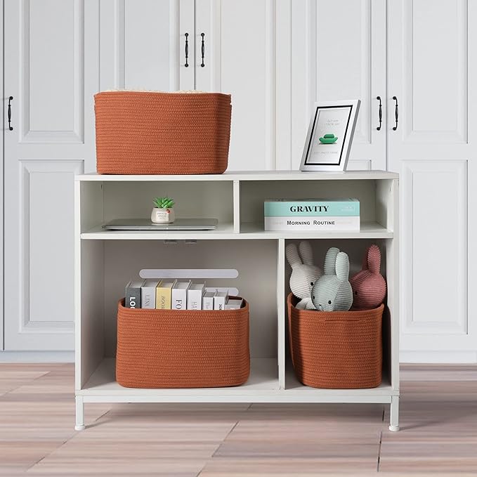 XUANGUO Woven Cotton Rope Storage Baskets 15x10x9.3" 3 Pack Rust | Decorative rectangular baskets for shelves and closets; storage bins help organize clothes, toys, books and nursery items. - Image 5