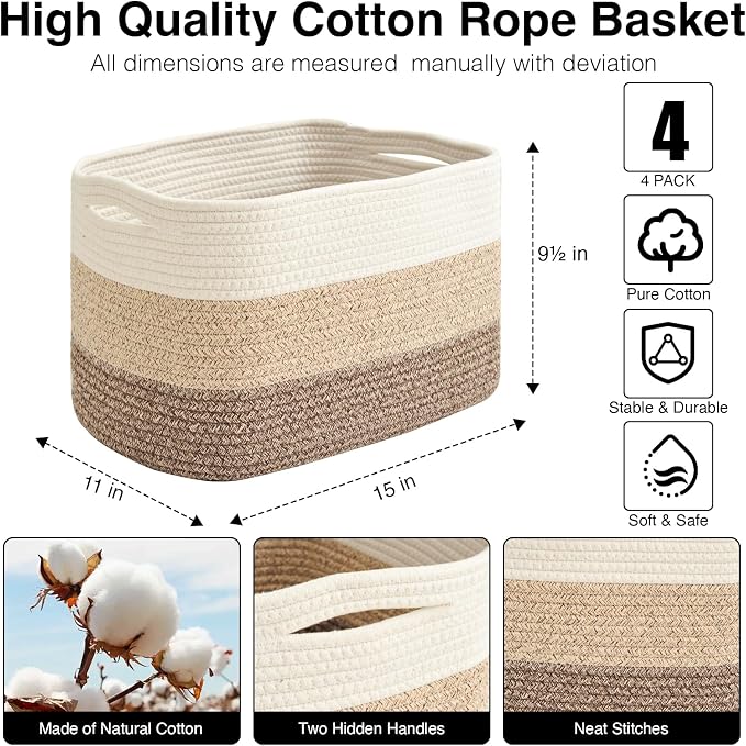 ICERZCZ Storage Baskets for Organizing & Shelves, Woven Cotton Rope Organization Bins for Dog Toys, Clothes, Books, Nursery Organizer, 15"Lx11"Wx9.5"H, (4 Packs) Gradient Brown - Image 3