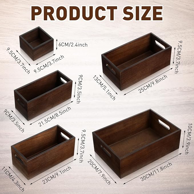 Set of 6 Wood Storage Boxes with Handles Wooden Nesting Crates Rustic Farmhouse Storage Container for DIY Crafts Party Home Table Decoration Display(Brown) - Image 3