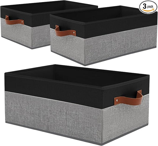 3 Pack Large Capacity Storage Bins Closet Organizer for Shelves | Fabric Closet Storage Baskets Boxes with Leather Handles for Organizing Clothes, Sheets, Jeans, Toys, Books (Black and Grey) by Unknown
