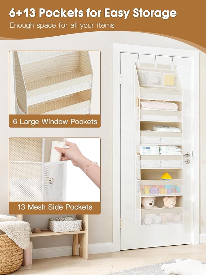 2 Pack Over the Door Organizer, 6-Shelf Closet Hanging Storage with 13 Mesh Pockets, 55lbs Capacity Behind the Door Storage for Baby Nursery, Bathroom, Bedroom, and Dorm, Beige - Image 5