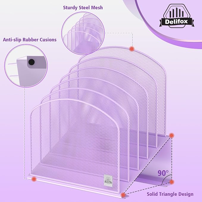 Delifox Inclined Desk File Organizer,Vertical File Folder Holder Stand Metal Rack File Sorter for Office Classroom Desktop Organization (2, Purple, 5) - Image 3