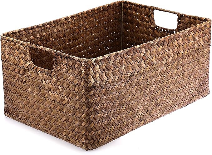 Hipiwe Seagrass Storage Baskets Bin for Shelf, X-Large Woven Wicker Basket | Rectangular Bathroom Baskets Organizer Built-in Handles, Multipurpose Storage Basket Bin, 16.1"L x11.8"W x7.7"H by Hipiwe