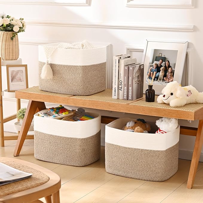 3 Pack Cube Storage Bin, 17”x12”x12” Cotton Rope Woven Baskets for Organizing Toys Clothes Towels, Square Gift Storage Baskets for Shelves, Nursery, Closet, Bathroom, Pantry (White & Jute) - Image 3