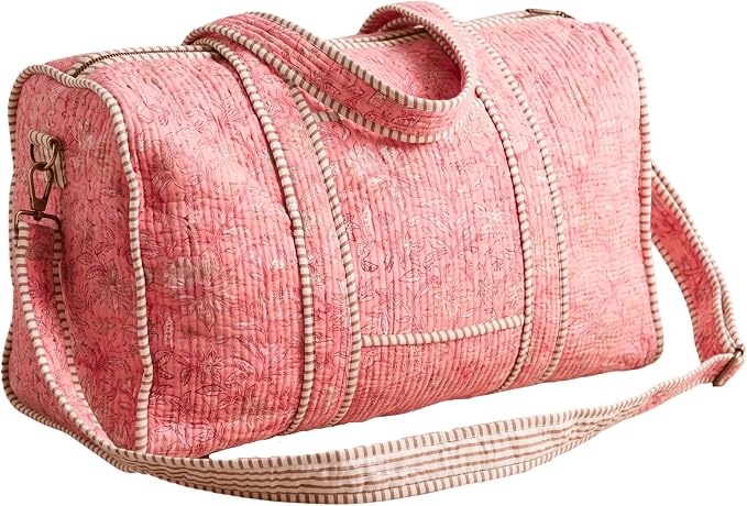 ATOSII Hand Block Print 100% Cotton Quilted Large Duffle Bag for Overnight Trip, Travel Weekender, Luggage, 2 Pockets, 1 Front Pocket, Detachable Long Strap, 20 X 10 X 12 Inches, Blush Bliss by ATOSII