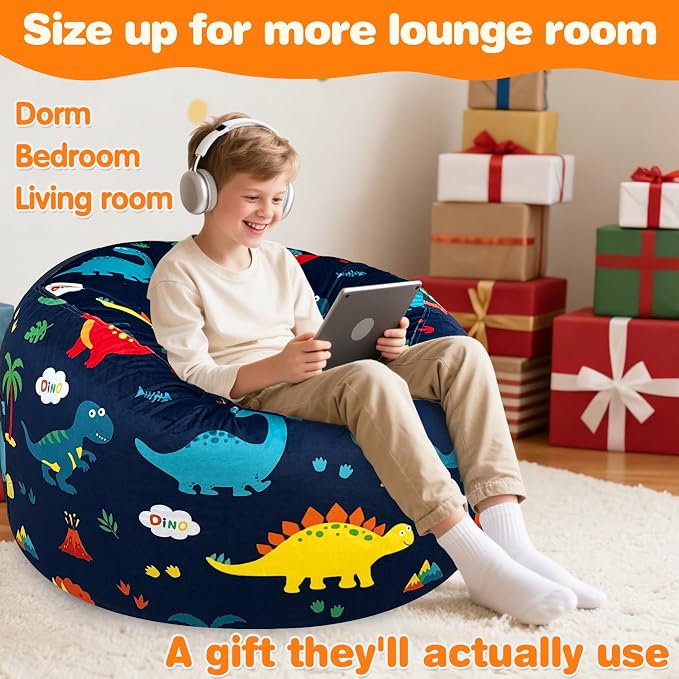 Lukeight Dinosaur Bean Bag Chair for Kids and Teens, Memory Foam Filled Floor Lounger, Washable Velvet Cover with Inner Liner, Beanbag Chair with Filling for Gaming and Reading, Large 27" D x 16" H - Image 5