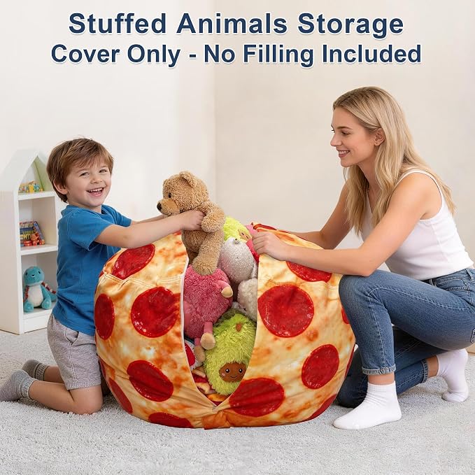 Lukeight Pizza Stuffed Animal Storage Bean Bag Chair Cover for Kids, Velvet Plush Toy Organizer Seat, Cover Only, No Filling Included, Long YKK Zipper, Side Pocket, X-Large 30"D x 18"H - Image 4