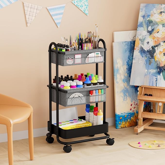 Modanais Baby Diaper Caddy Organizer Cart - 3 Tier Rolling Cart, Black | Lockable Wheels, Baby Essentials Nursery Storage, Detachable Dividers - for Crib, Bedroom, Art & Craft Organizer - Image 7