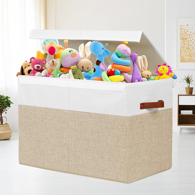 Large Toy Storage Box with Lid, Toy Chest Bin Boxes Basket with Dividers | Sturdy Toy Organizer Bin for Kids, Boys, Girls, Nursery, Living Room, Bedroom, Playroom 25"x13" x16" (Beige and White) - Image 2