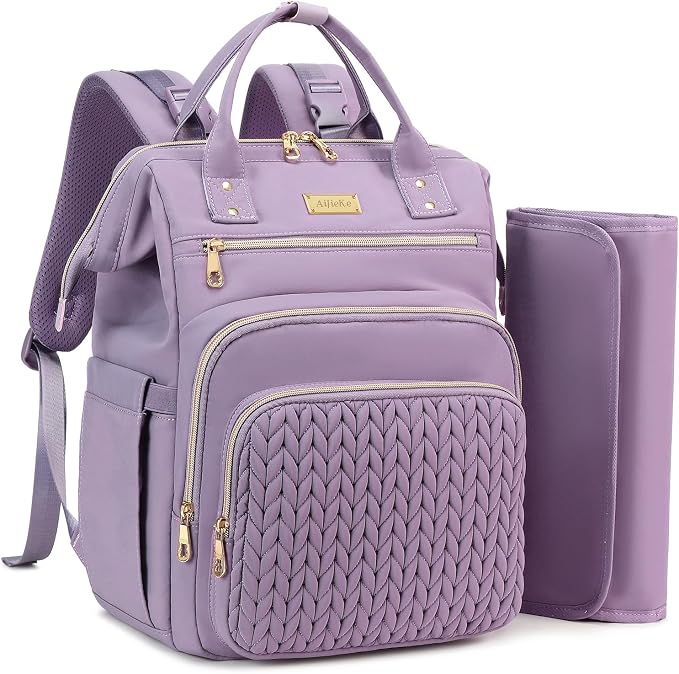 AIJIEKE Large Diaper Bag Backpack, Extra Wide Travel Diaper Bag, Purple | ulti-functional waterproof maternity bag. Changing pad, stroller straps, insulated wet/dry pocket. Mom, dad, toddler travel by AIJIEKEDirect