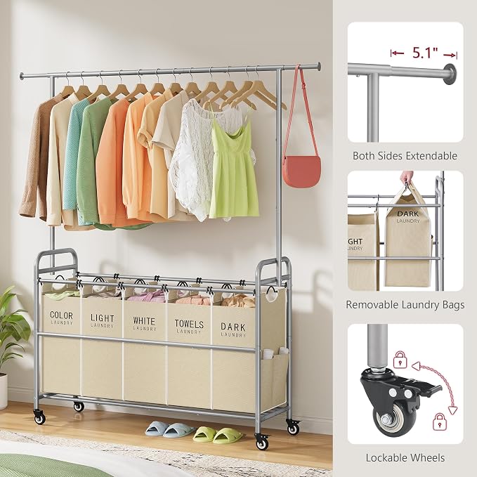 Laundry Cart with Hanging Rack, 65 Gal. Large Laundry Hamper, Beige | Rolling Laundry Cart with Hanging Bar with Removable Bag and Lockable Wheels, Separator Hamper Cart for Bedroom, Bathroom - Image 6