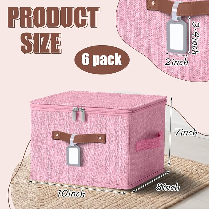 6 Pack Fabric Bins with Lids, 10 x 8 x 7 Inch Fabric Storage Bins with Zipper Lids and Labels, Decorative Foldable Storage Cubes with Handles for Closet Nursery Shelf Organization, Pink - Image 2