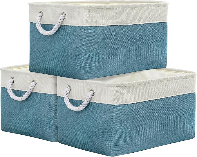 Storage Baskets for Organizing - Extra Large 3 Pack 17x14x10 inch Storage Bins for Shelves Closet Nursery Bathroom Bedroom Baby Clothes Dog Toy Home Organization (White & Green) by TheWarmHome