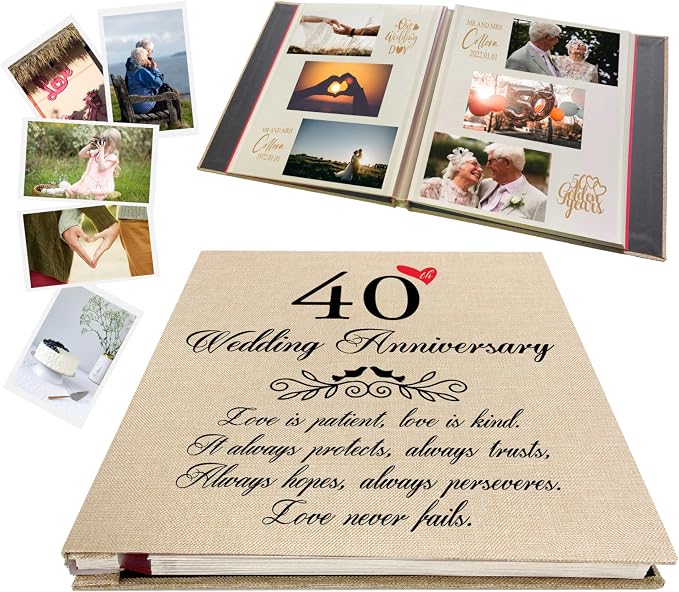 Treble Bee 40th Wedding Anniversary Photo Album, Linen Cover with Love Quote, Golden Marriage Love Never Fails Memory Keepsake, Gifts for Parents 40 Years of Love - Image 5