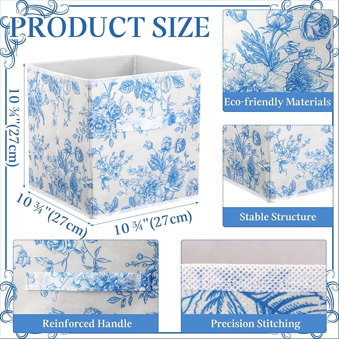 6 Pcs Blue Floral Cube Storage Bins 11 Inch Storage Basket | Blue Flower Cube with Handle, Preppy Girls Organizer Basket, Collapsible Fabric Box for Classroom Bedrooms Office Home Gift - Image 2