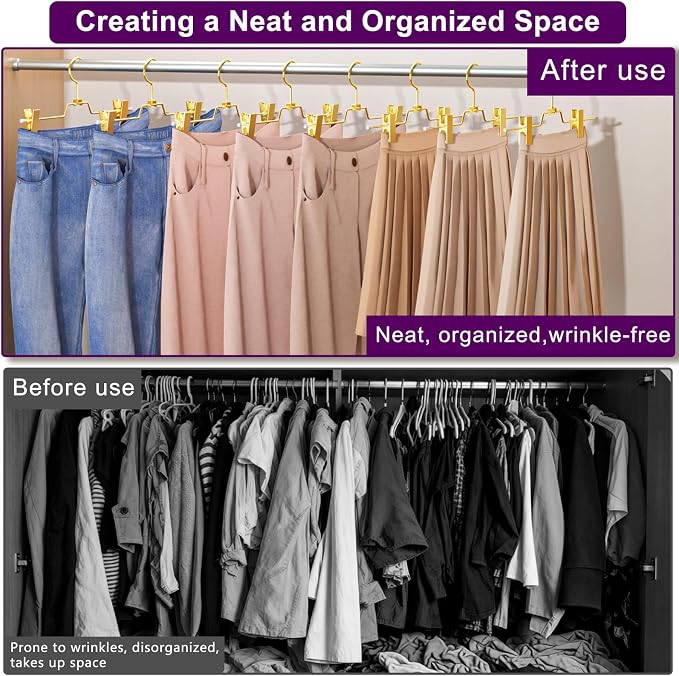 30Pack Heavy Duty Metal Pants Hangers,Pants Hangers with 2 Adjustable Clips | Gold Skirt Hangers with 360° Swivel Cost Hook, Space-Saving Shorts Hangers for Pants, Jeans, Slacks, Short Skirt - Image 7