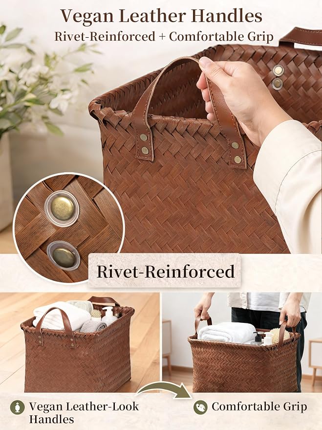 Wicker Storage Baskets, 4 Pack Woven Baskets for Shelves, Brown | PP Rattan, Water-resistant Wicker Basket, Large Baskets with Faux Leather Handles for Blanket, Laundry Organizer, Room Decor - Image 6