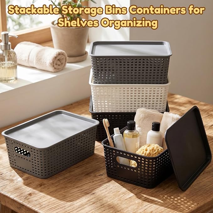 12 Pack Plastic Storage Baskets with Lids Stackable Organizing Bins Storage Baskets Organizers and Containers for Closet, Pantry, Office, 10.2 x 7.2 x 4.1 Inches(Classic Color) - Image 2