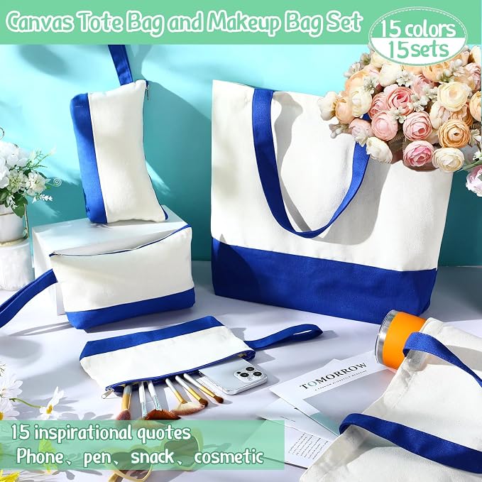 Sanwuta 30 Pcs Canvas Tote Bags Bulk with Zipper Cosmetic Pouch,Navy Blue | 18.5" Reusable Cotton Shopping Bag with Handle for DIY Craft - Image 6