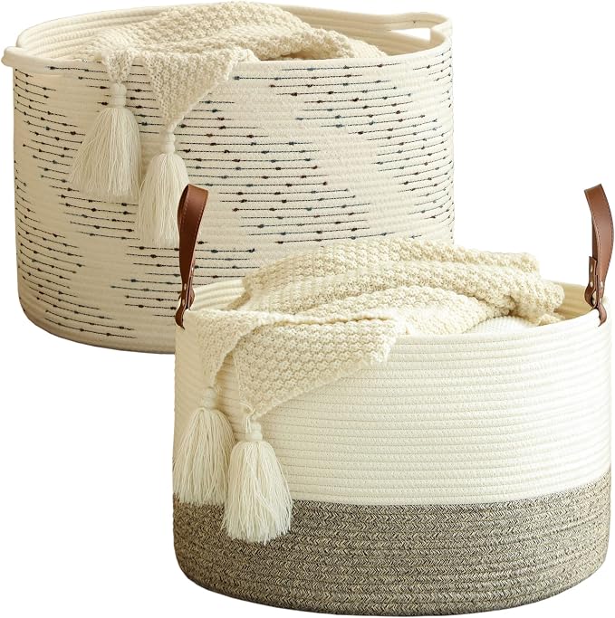 KAKAMAY Large Cotton Rope Blanket Basket (20"x13"),Woven Baby Laundry Hamper，Blanket Basket for Nursery, Laundry, Living Room, Pillows, Toys with Handles （White） by KAKAMAY