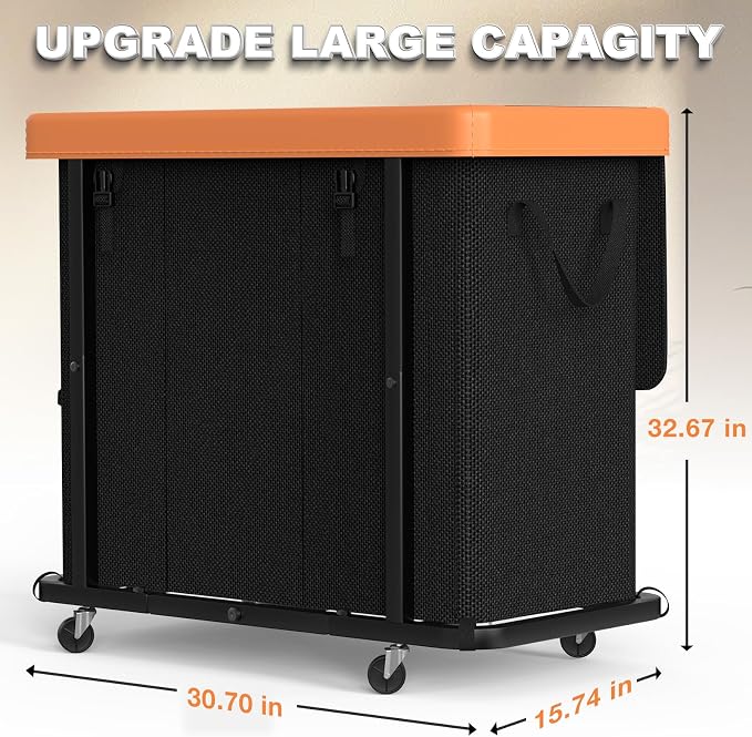 Laundry Basket with Wheels, 230L Leather Patchwork Laundry Sorter 3 Section | Sturdy Metal Frame, Removable Washable Bag, Tall Clothes Sorter for Bedroom - Black - Image 6