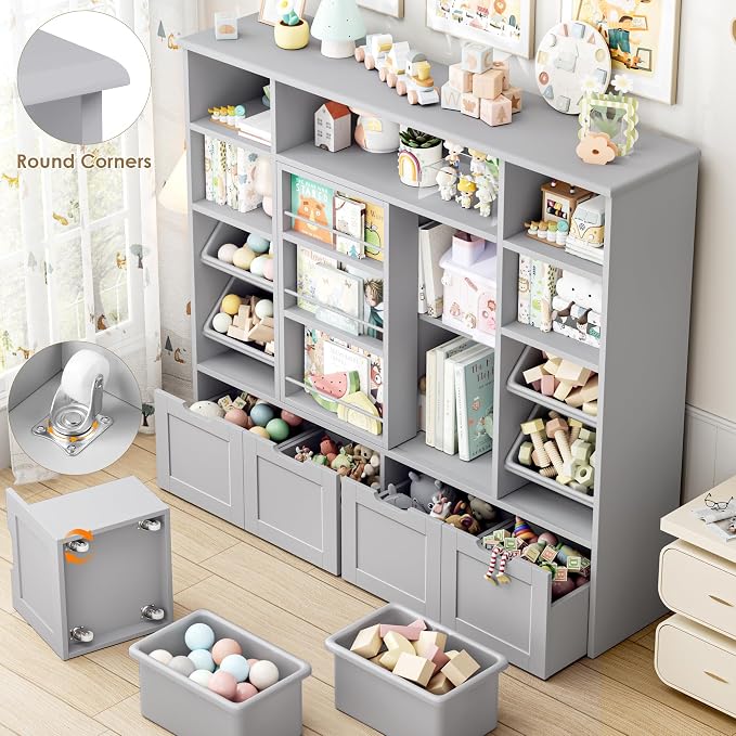 Toy Storage with Sliding Bookshelf, Toy Organizer with 4 Bins | 55.1’’ W Large Toy Storage Organizer Kids Bookshelf with 4 Movable Drawers, Toy Bins Playroom Storage for Kid Room, Grey - Image 6