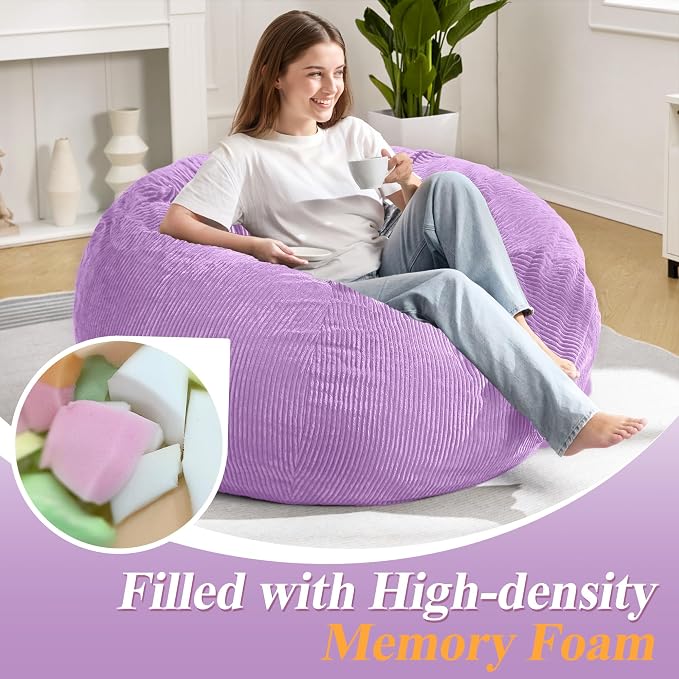 3FT Bean Bag Chair for Adults,3' Big Teardrop Beanbag with Filler | Beanbag Chair with Memory Foam Filled,Bean Bags with Handy Handle&Machine Washable Cover for Living Room,Bedroom-Purple - Image 3