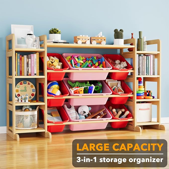 SpaceAid Large Toy Storage Organizer 9 Shelves 9 Bins, Toy Organizers Storage Bookshelf, Kids Bin Shelf Toys Box Bookcase for Bedroom Playroom Organization Room Decor, Red and Pink - Image 3