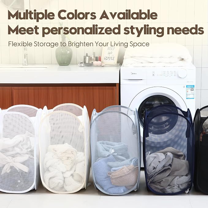 Sea Team 2-Pack BEIGE Collapsible Laundry Basket Set - Foldable Mesh Hamper with Sturdy Support for Bathroom, College Dorm, Home - Image 4