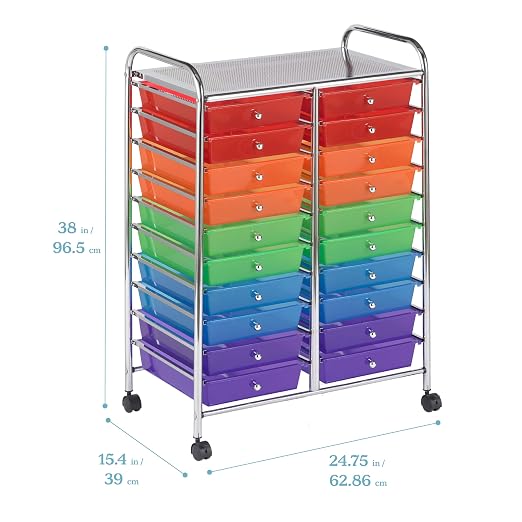 ECR4Kids 20-Drawer Everyday Mobile Storage Utility Cart, Assorted | Durable plastic bins, steel frame, GREENGUARD Gold Certified, 50 lb capacity, rolling casters, craft supplies, office, home - Image 2