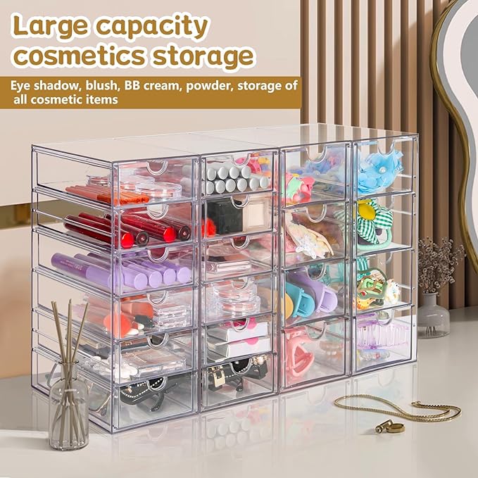 VZKAH Clear Acrylic Desk Organizer with 20 Drawers, 4 Modular Units | 4-piece clear drawer set for office supplies, crafts, makeup, and small daily items on desks, vanities, counters - Image 3