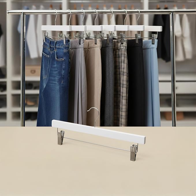 Relaxdays Wooden Pants Hangers Set of 12, Adjustable Coated Clamps, 360° Swivel Hooks, 35.5 cm Wide, White - Image 3