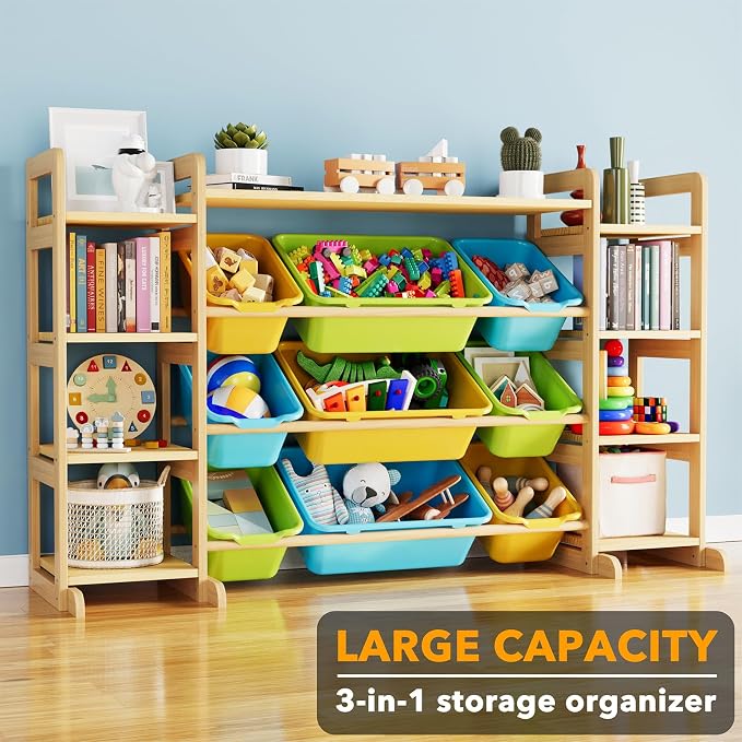 SpaceAid Large Toy Storage Organizer 9 Shelves 9 Bins, Toy Organizers Storage Bookshelf, Kids Bin Shelf Toys Box Bookcase for Bedroom Playroom Organization Room Decor, Multi-Colored - Image 4