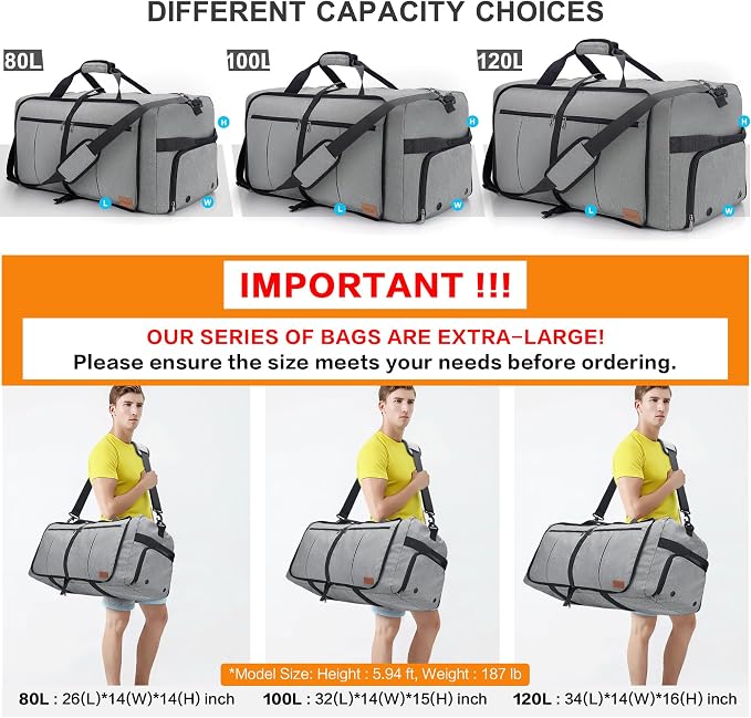 100L EXTRA LARGE Foldable Waterproof Travel Duffel Bag for Men Women Gray | with Shoe Compartment, 32" Duffle Bag for Weekender Gym Sport, Tear Resistant - Image 3