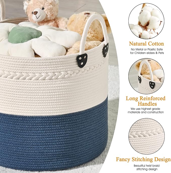 KAKAMAY Large Blanket Basket (18"x18"x16"),Woven Baby Laundry Hamper for Storage, Cotton Rope Blankets Baskets for Nursery, Laundry, Living Room, Pillows, Baby Toy chest with Handles (Navyblue) - Image 4
